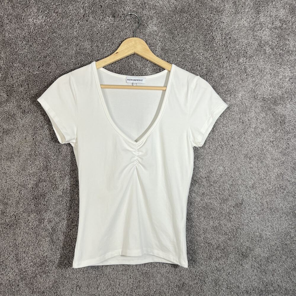 WeWoreWhat Women's Ruched V-Neck Cotton Tee Ivory Short Sleeve Top Medium Casual